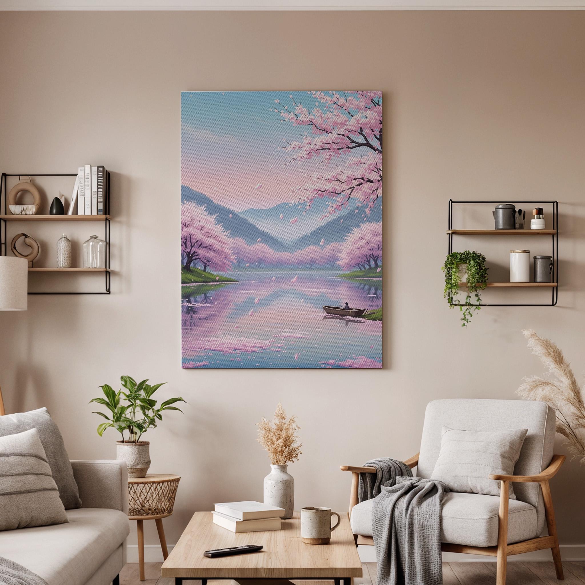 Cherry Blossom Lake Canvas Art, Framed Wall Decor, Japanese Landscape Illustration, Serene Nature Canvas Artwork, Canvas Wall Decor