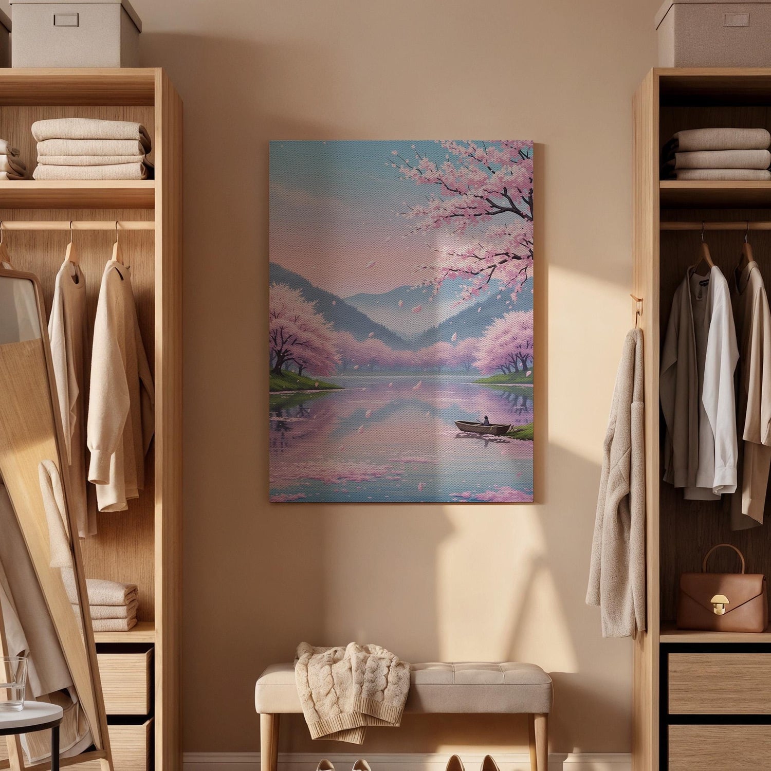 Cherry Blossom Lake Canvas Art, Framed Wall Decor, Japanese Landscape Illustration, Serene Nature Canvas Artwork, Canvas Wall Decor