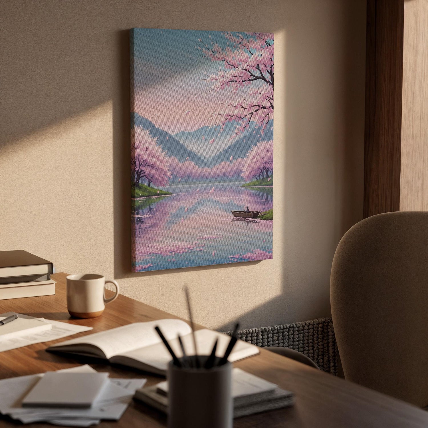 Cherry Blossom Lake Canvas Art, Framed Wall Decor, Japanese Landscape Illustration, Serene Nature Canvas Artwork, Canvas Wall Decor