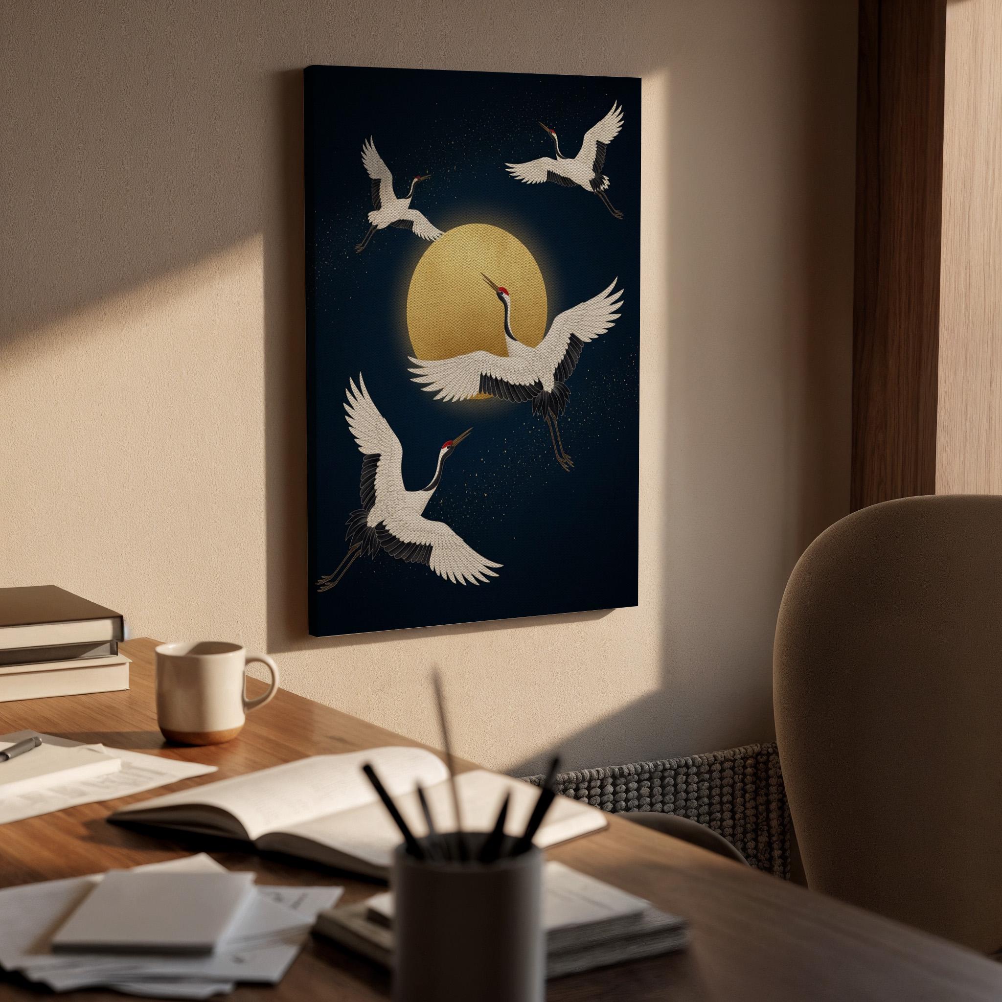 Flying Cranes Under Golden Moon Canvas Art, Framed Wall Decor, Japanese Inspired Night Scene, Elegant Canvas Artwork For Home Decor