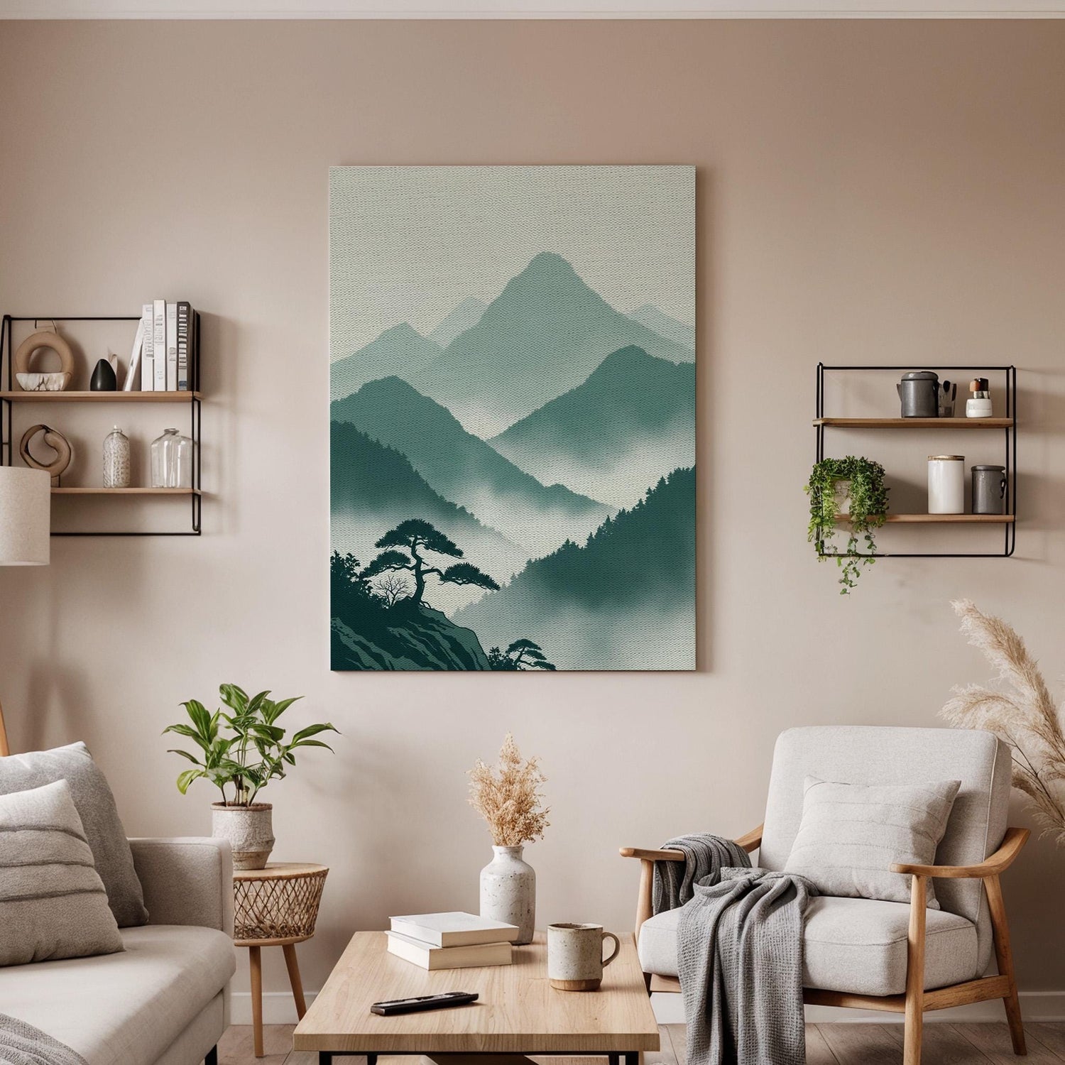 Misty Mountain Landscape Canvas Art, Framed Wall Decor, Japanese Inspired Illustration, Serene Nature Canvas Artwork, Minimal Home Decor