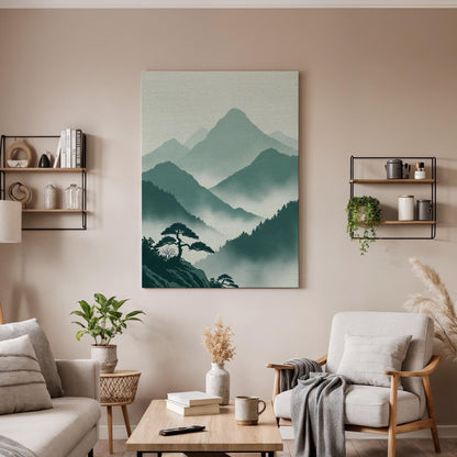 Misty Mountain Landscape Canvas Art, Framed Wall Decor, Japanese Inspired Illustration, Serene Nature Canvas Artwork, Minimal Home Decor