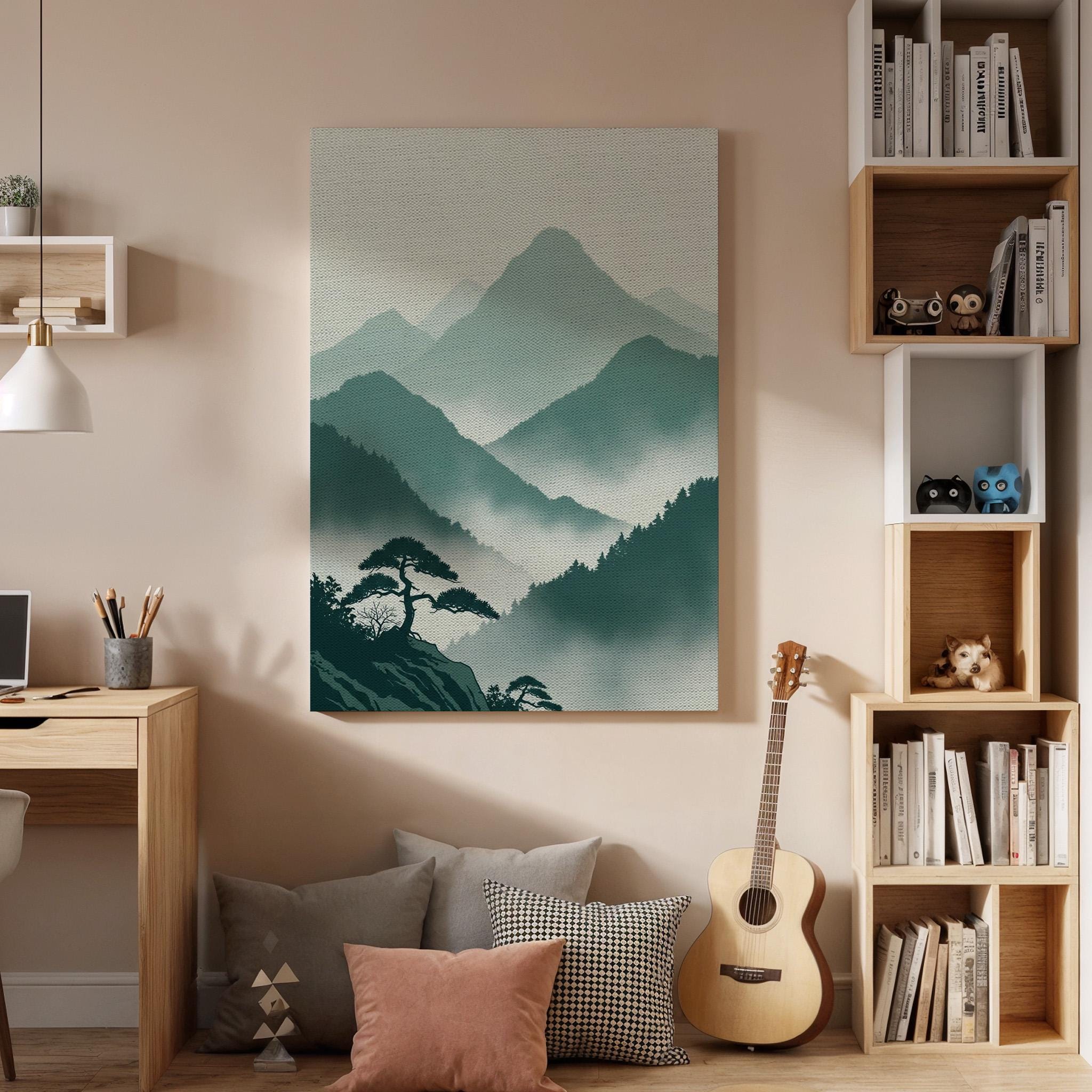 Misty Mountain Landscape Canvas Art, Framed Wall Decor, Japanese Inspired Illustration, Serene Nature Canvas Artwork, Minimal Home Decor