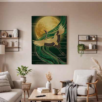 Golden Moon Crane Canvas Art, Elegant Framed Wall Decor, Japanese Inspired Illustration, Serene Oriental Canvas Artwork, Tranquil Wall Art