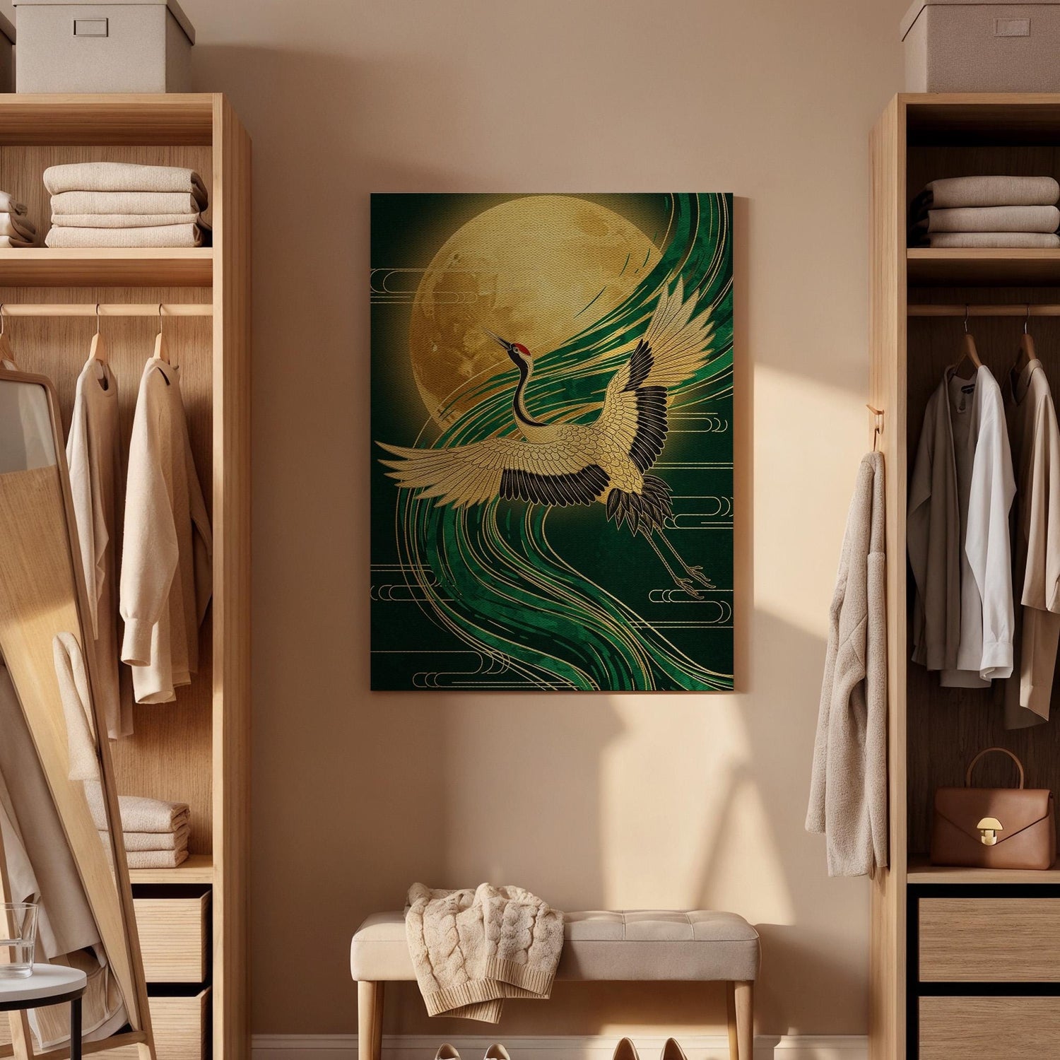 Golden Moon Crane Canvas Art, Elegant Framed Wall Decor, Japanese Inspired Illustration, Serene Oriental Canvas Artwork, Tranquil Wall Art