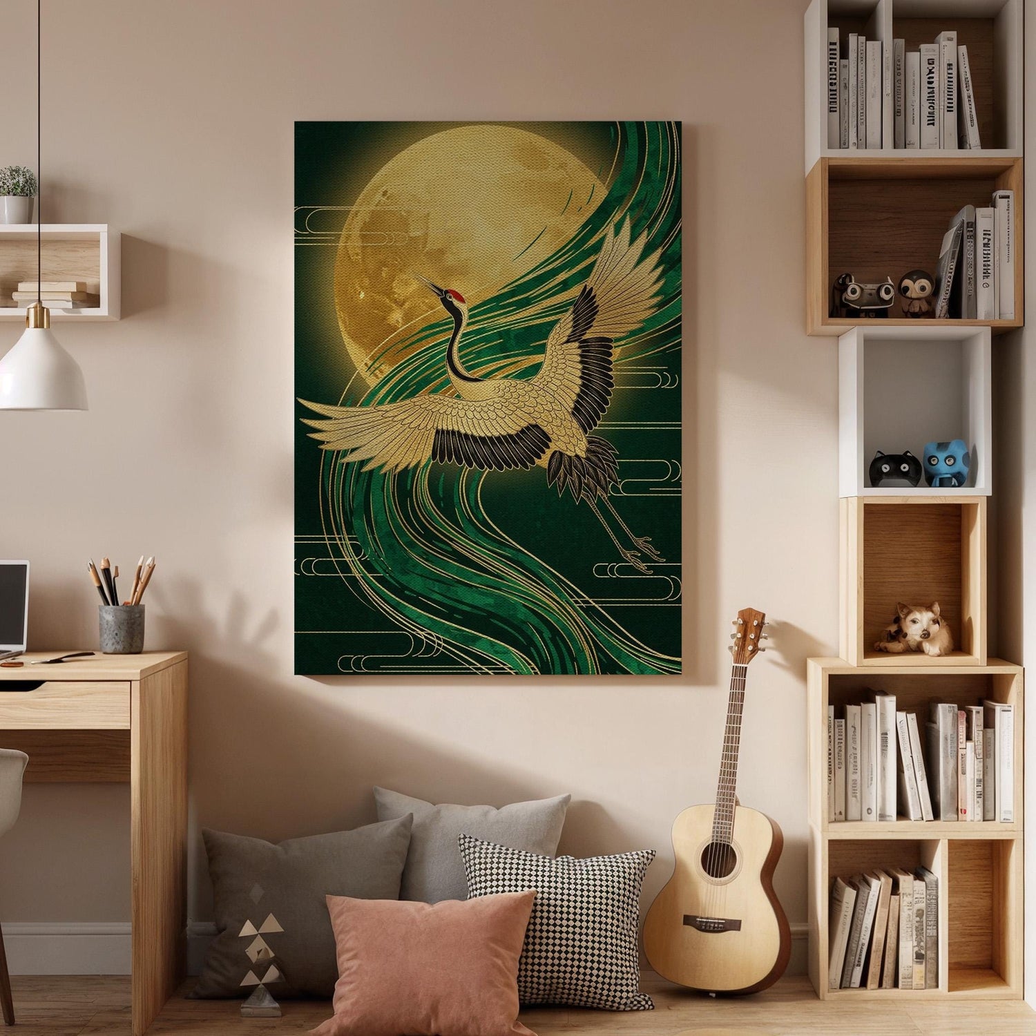 Golden Moon Crane Canvas Art, Elegant Framed Wall Decor, Japanese Inspired Illustration, Serene Oriental Canvas Artwork, Tranquil Wall Art
