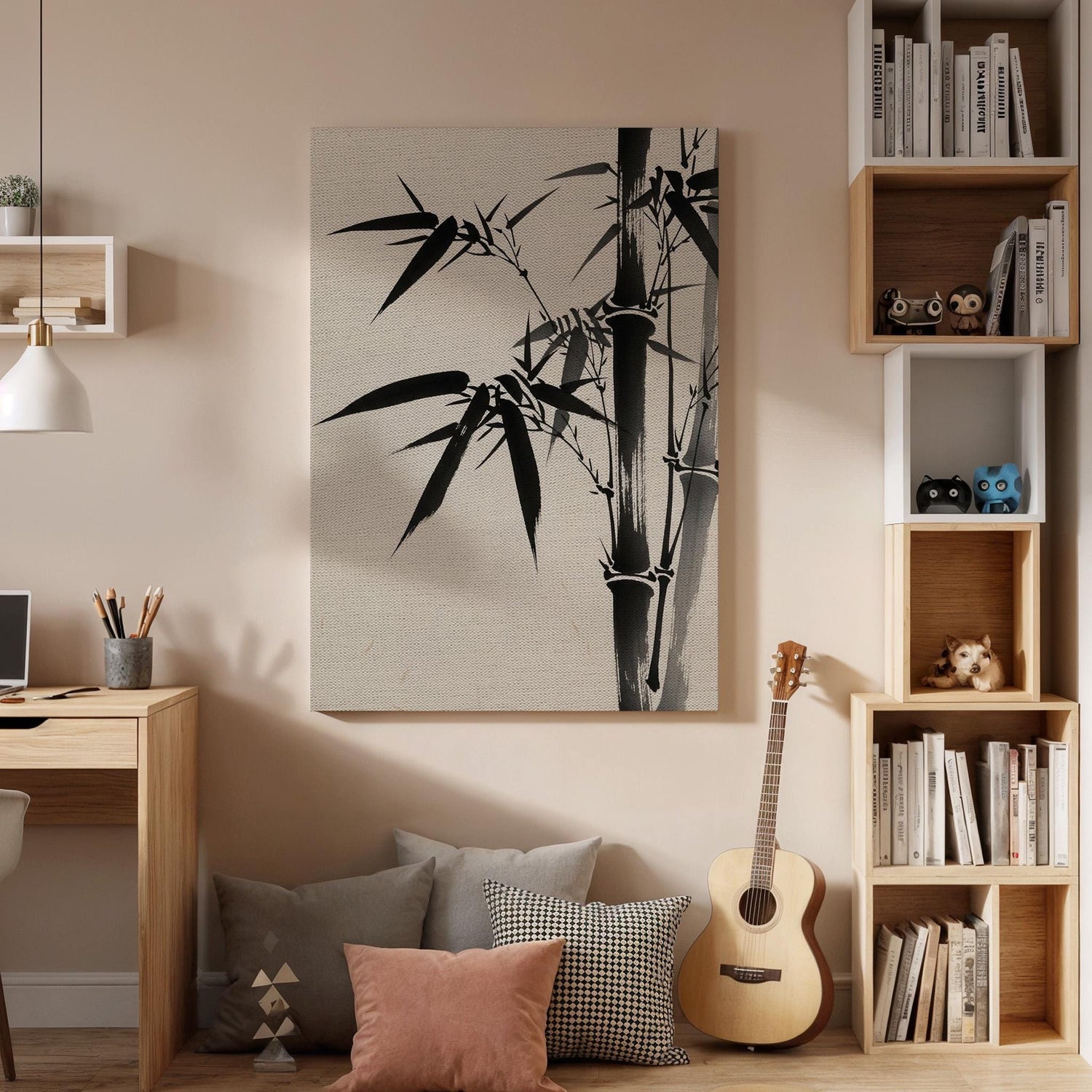Minimal Bamboo Ink Canvas Art, Framed Wall Decor, Japanese Zen Illustration, Black And White Bamboo Canvas Artwork, Serene Home Wall Art