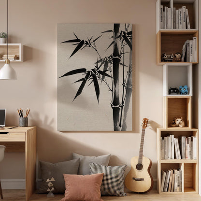 Minimal Bamboo Ink Canvas Art, Framed Wall Decor, Japanese Zen Illustration, Black And White Bamboo Canvas Artwork, Serene Home Wall Art