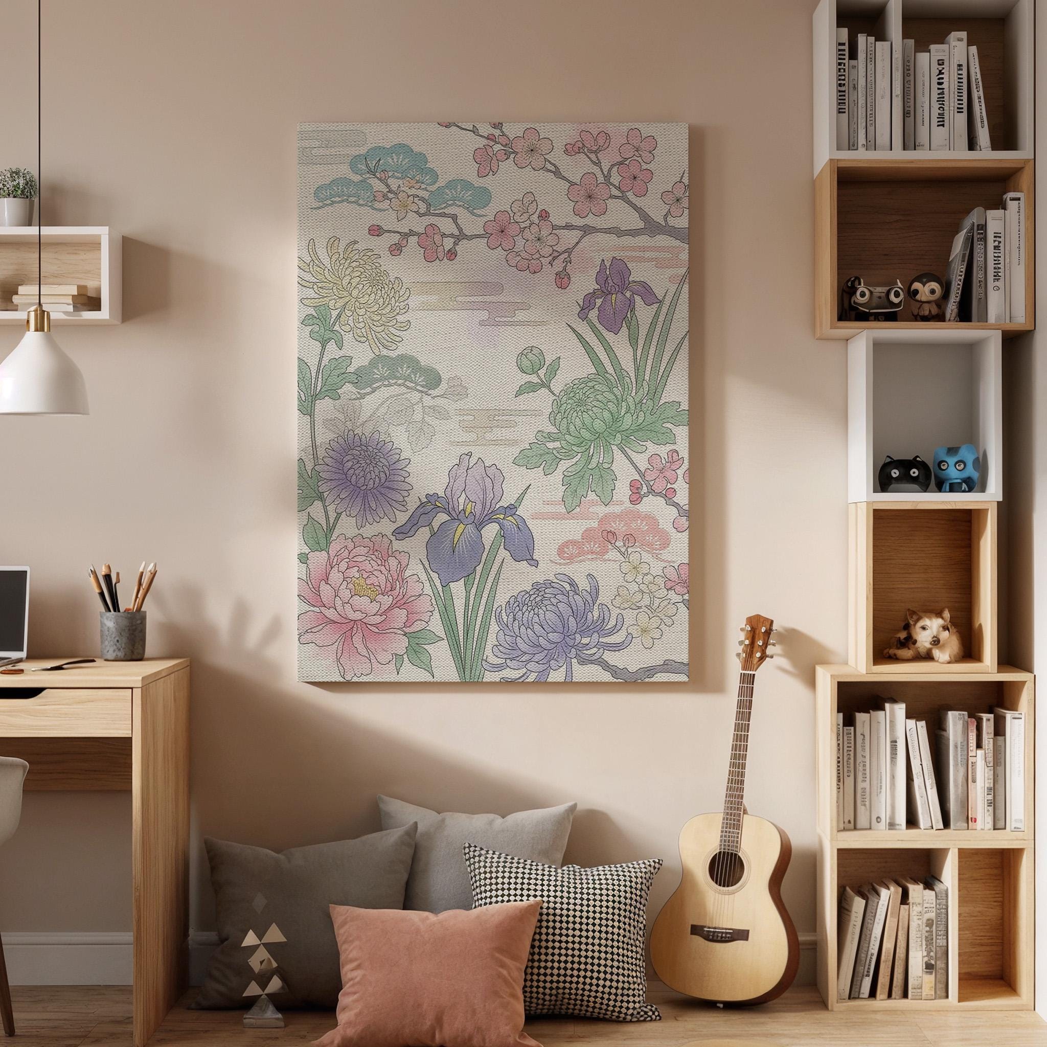 Japanese Floral Garden Canvas Art, Framed Wall Decor, Traditional Botanical Illustration, Elegant Nature Inspired Canvas Artwork, Home Gift