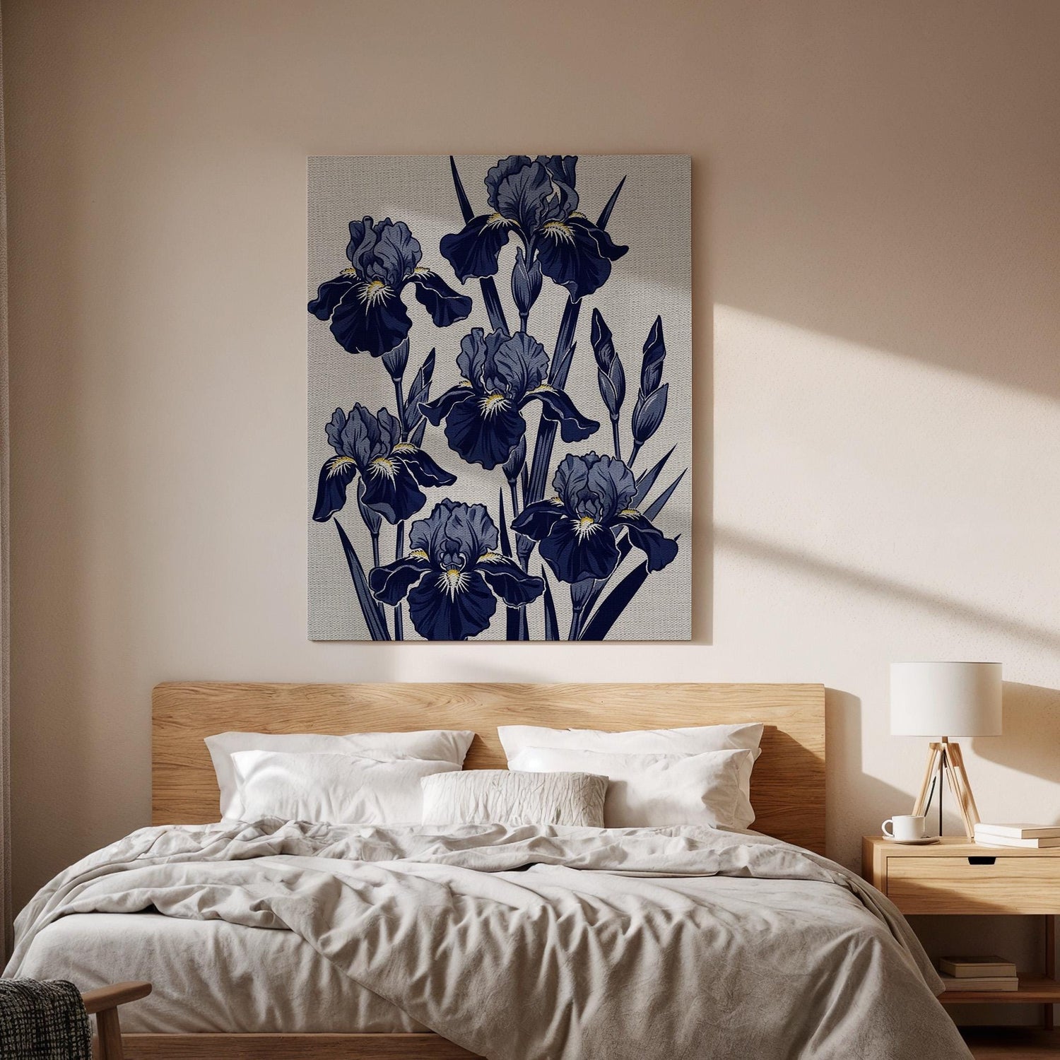 Elegant Iris Floral Canvas Art, Framed Wall Decor, Japanese Botanical Illustration, Blue Flower Canvas Artwork, Serene Home Wall Art