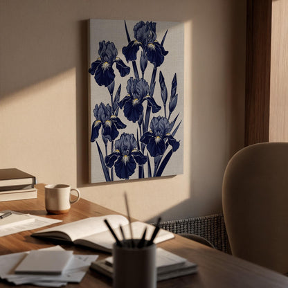 Elegant Iris Floral Canvas Art, Framed Wall Decor, Japanese Botanical Illustration, Blue Flower Canvas Artwork, Serene Home Wall Art