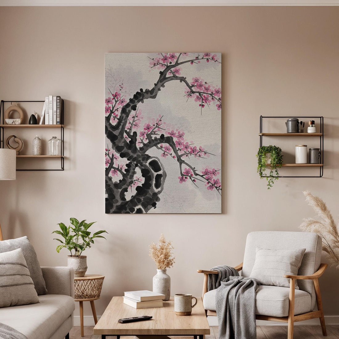 Cherry Blossom Branch Canvas Art, Framed Wall Decor, Japanese Ink Illustration, Minimalist Floral Canvas Artwork, Serene Home Wall Art