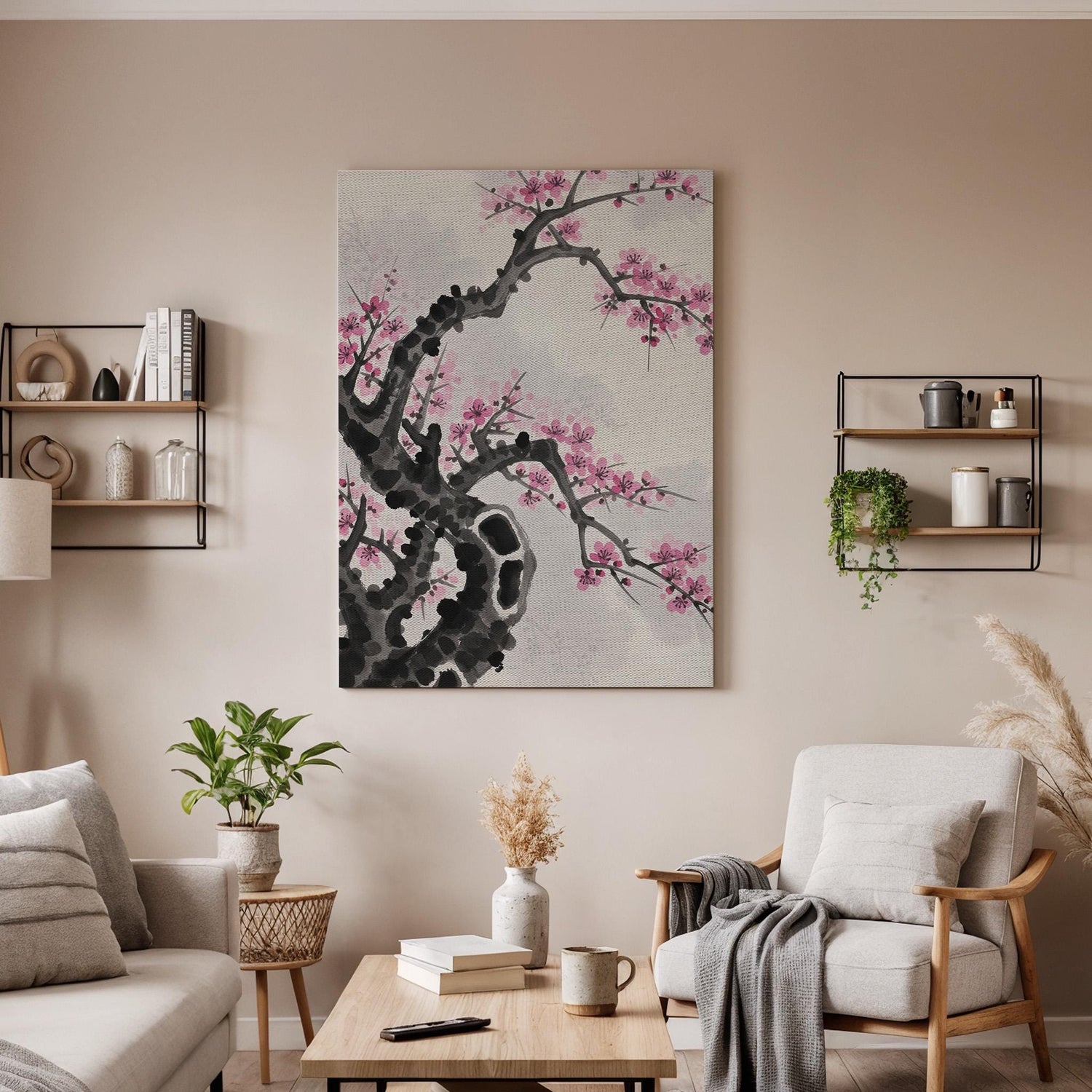 Cherry Blossom Branch Canvas Art, Framed Wall Decor, Japanese Ink Illustration, Minimalist Floral Canvas Artwork, Serene Home Wall Art