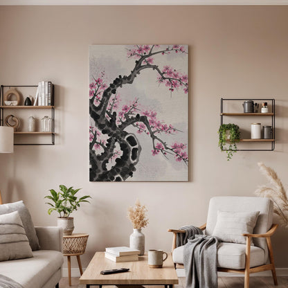 Cherry Blossom Branch Canvas Art, Framed Wall Decor, Japanese Ink Illustration, Minimalist Floral Canvas Artwork, Serene Home Wall Art