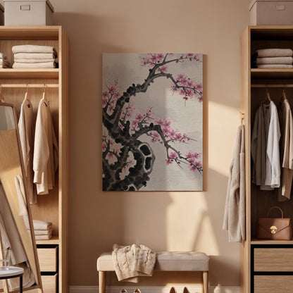 Cherry Blossom Branch Canvas Art, Framed Wall Decor, Japanese Ink Illustration, Minimalist Floral Canvas Artwork, Serene Home Wall Art