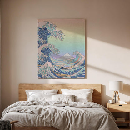 Japanese Wave And Mountain Canvas Art, Framed Wall Decor, Ukiyo-E Inspired Ocean Illustration, Serene Japanese Style Canvas Artwork