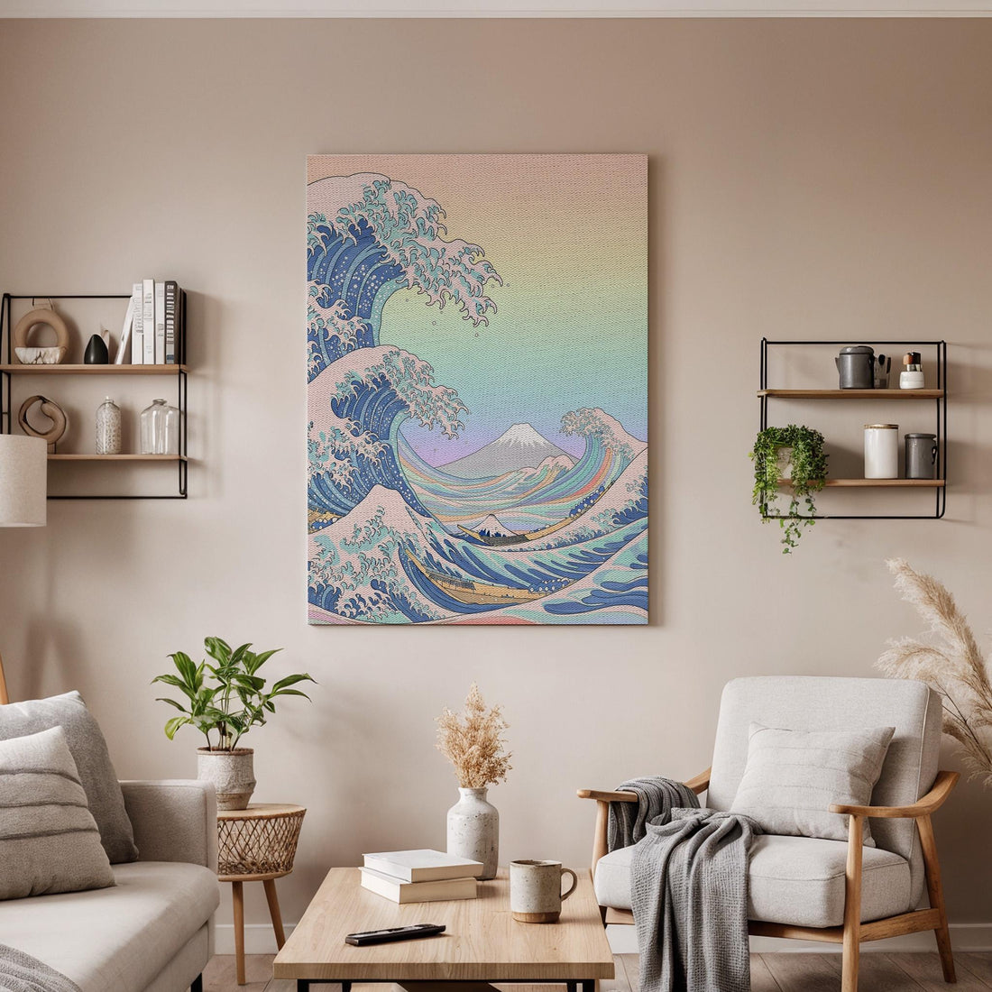 Japanese Wave And Mountain Canvas Art, Framed Wall Decor, Ukiyo-E Inspired Ocean Illustration, Serene Japanese Style Canvas Artwork