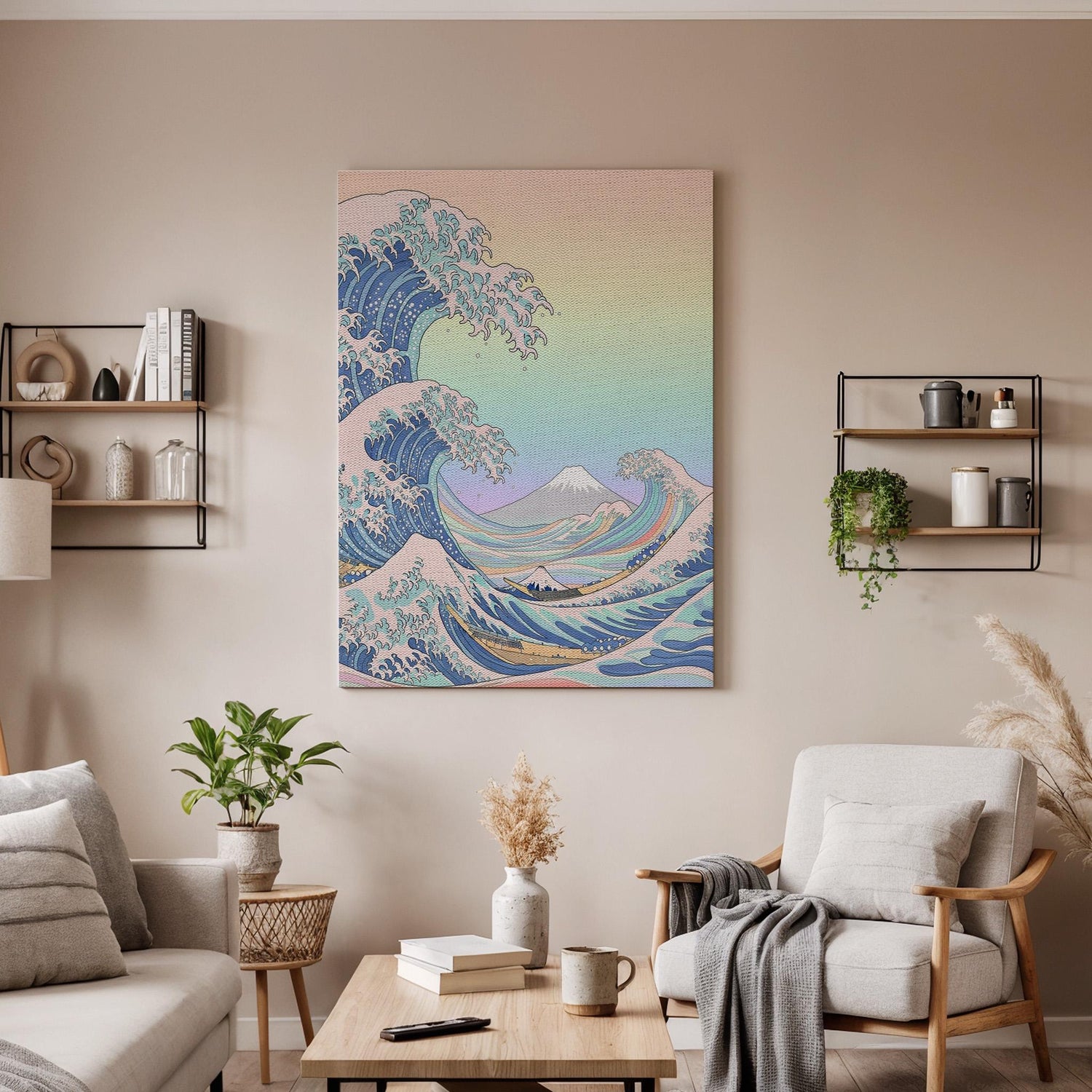 Japanese Wave And Mountain Canvas Art, Framed Wall Decor, Ukiyo-E Inspired Ocean Illustration, Serene Japanese Style Canvas Artwork