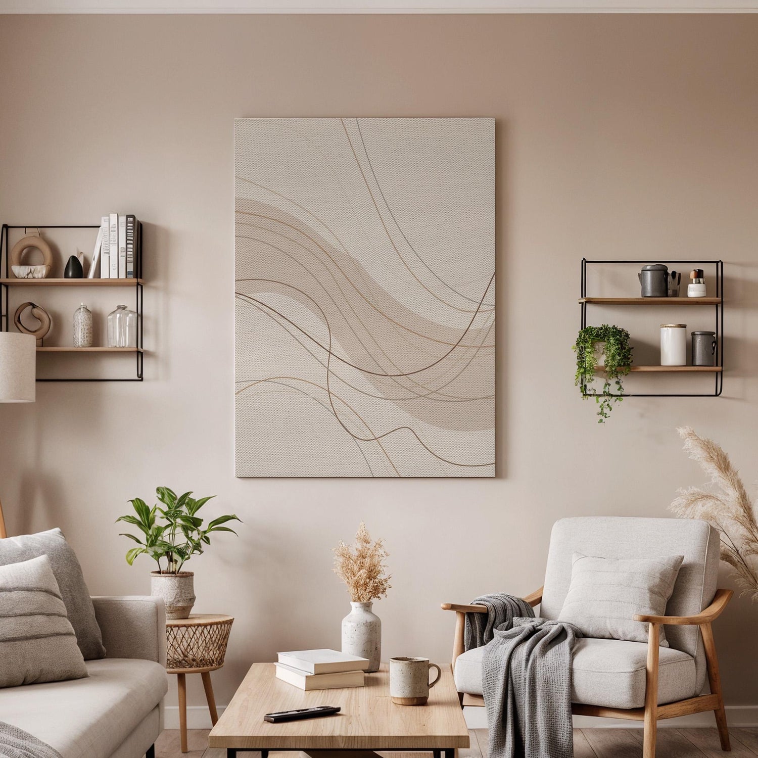 Abstract Neutral Canvas, Minimal Line Wall Art, Modern Minimalist Painting, Bedroom Living Room Decor, Office Wall Art, Large Framed Canvas