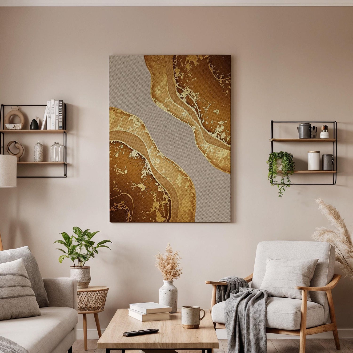 Abstract Gold Canvas, Luxury Neutral Wall Art, Modern Elegant Painting, Bedroom Living Room Decor, Warm Interior Design, Large Framed Canvas