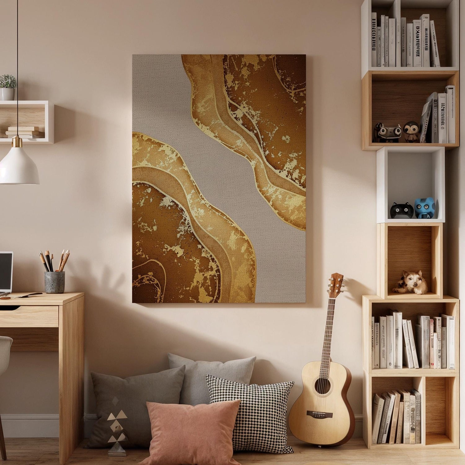 Abstract Gold Canvas, Luxury Neutral Wall Art, Modern Elegant Painting, Bedroom Living Room Decor, Warm Interior Design, Large Framed Canvas