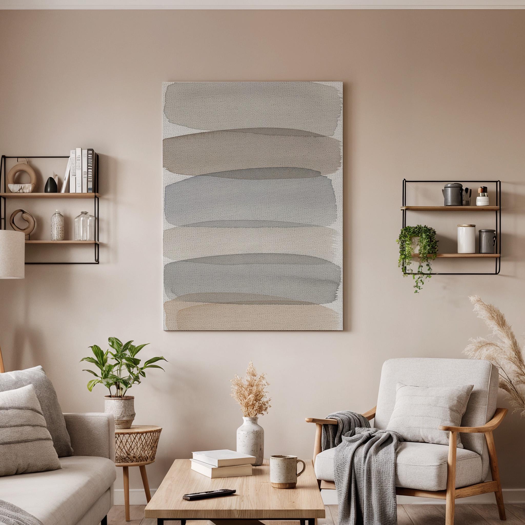 Abstract Neutral Canvas, Layered Minimal Wall Art, Soft Modern Painting, Bedroom Wall Decor, Calm Interior Style, Large Framed Canvas