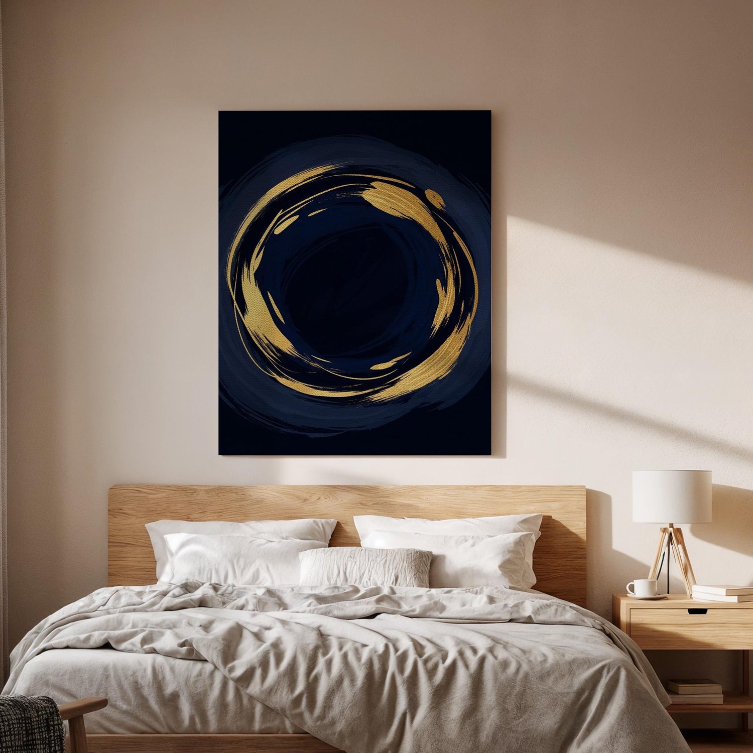 Abstract Gold Circle Canvas, Dark Luxury Wall Art, Modern Statement Painting, Bedroom Wall Decor, Elegant Interior Accent, Framed Canvas