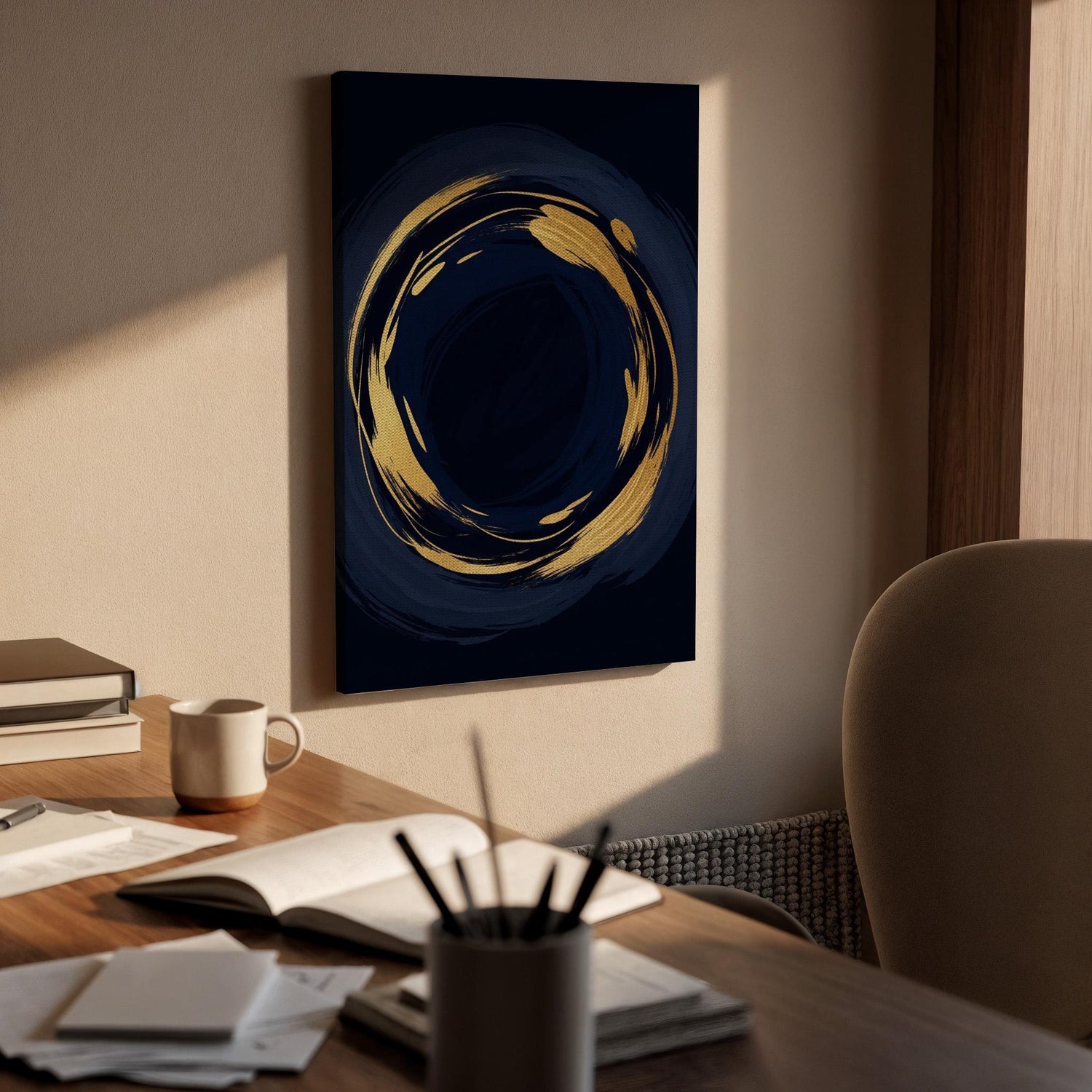 Abstract Gold Circle Canvas, Dark Luxury Wall Art, Modern Statement Painting, Bedroom Wall Decor, Elegant Interior Accent, Framed Canvas