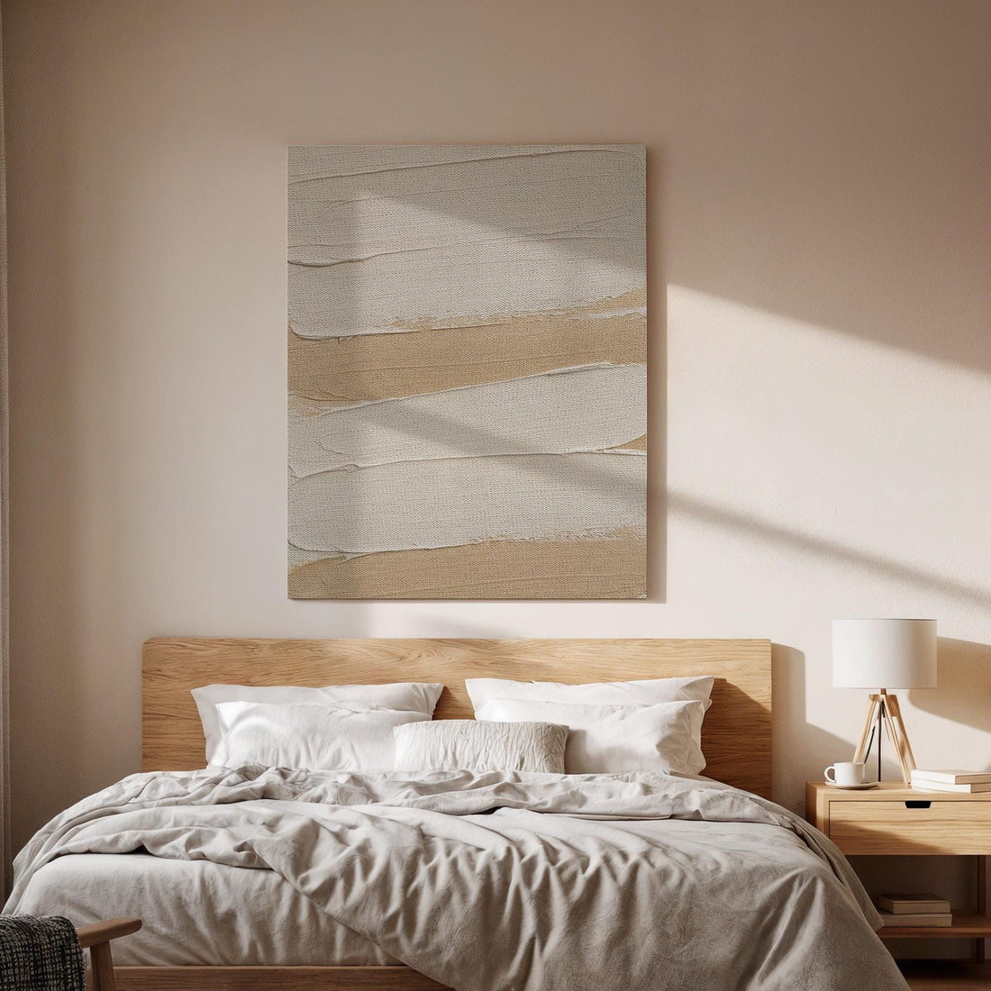 Neutral Layered Canvas Art, Textured Wall Decor, Soft Modern Bedroom Design, Calm Interior Styling, Warm Minimal Aesthetic, Framed Canvas