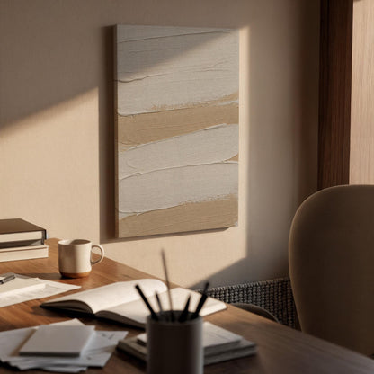 Neutral Layered Canvas Art, Textured Wall Decor, Soft Modern Bedroom Design, Calm Interior Styling, Warm Minimal Aesthetic, Framed Canvas