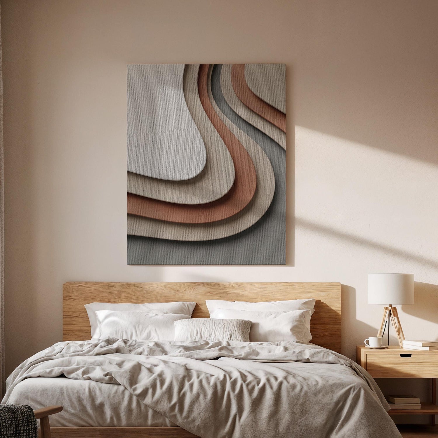 Layered Neutral Canvas Art, Flowing Shape Wall Decor, Soft Modern Interior Style, Bedroom Wall Design, Warm Contemporary Look, Framed Canvas