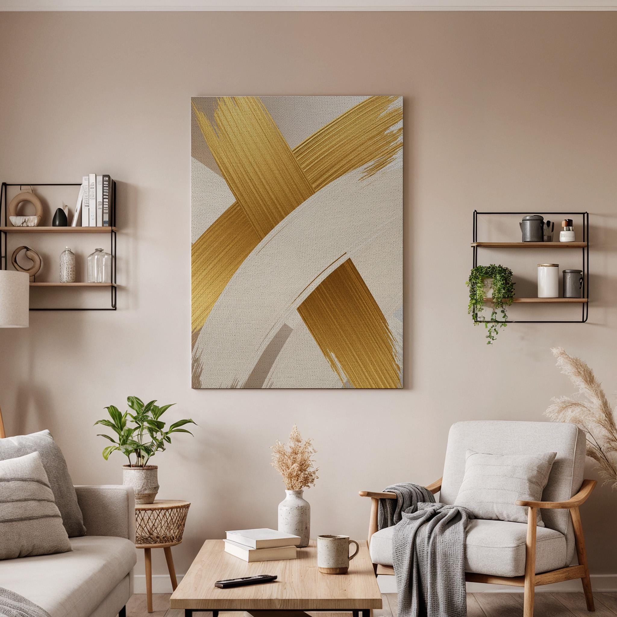 Gold Brush Canvas Art, Elegant Neutral Wall Decor, Modern Luxury Interior Style, Bedroom Wall Design, Warm Artistic Accent, Framed Canvas