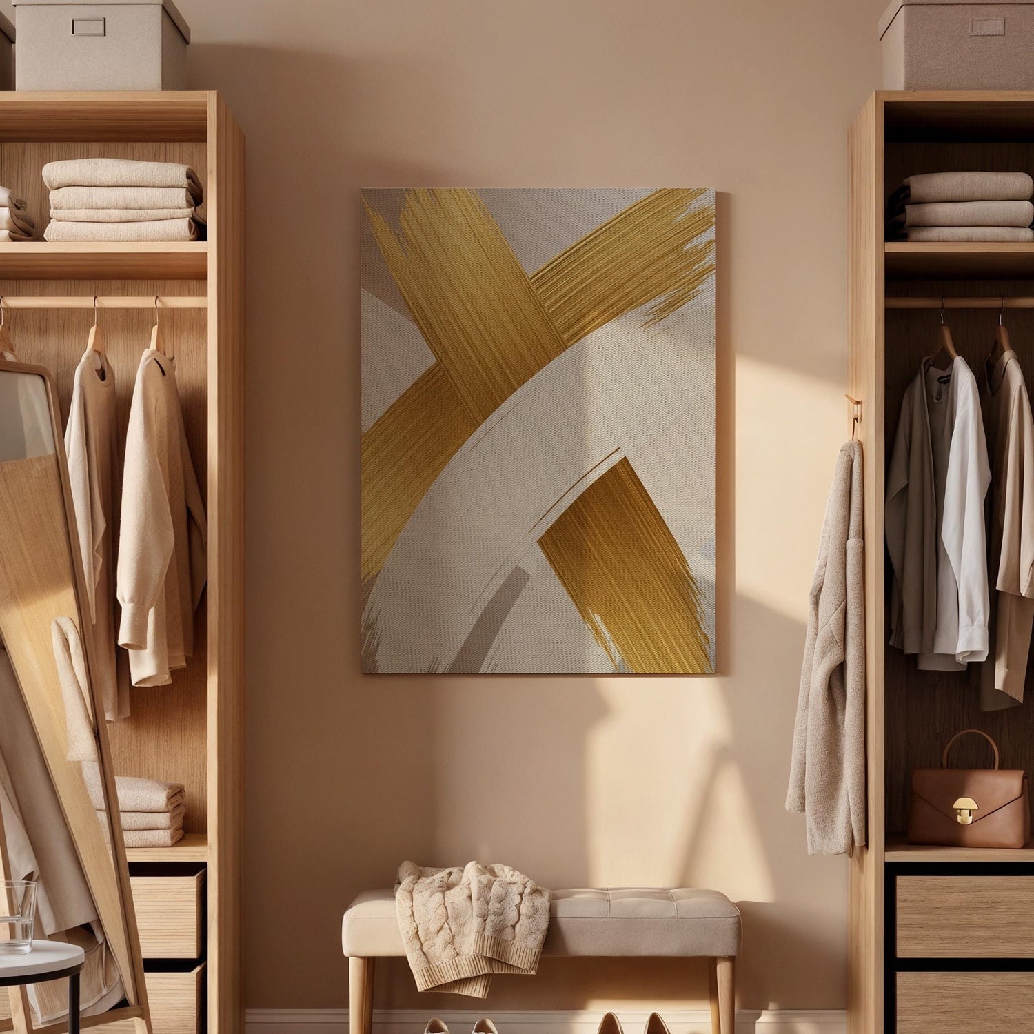 Gold Brush Canvas Art, Elegant Neutral Wall Decor, Modern Luxury Interior Style, Bedroom Wall Design, Warm Artistic Accent, Framed Canvas
