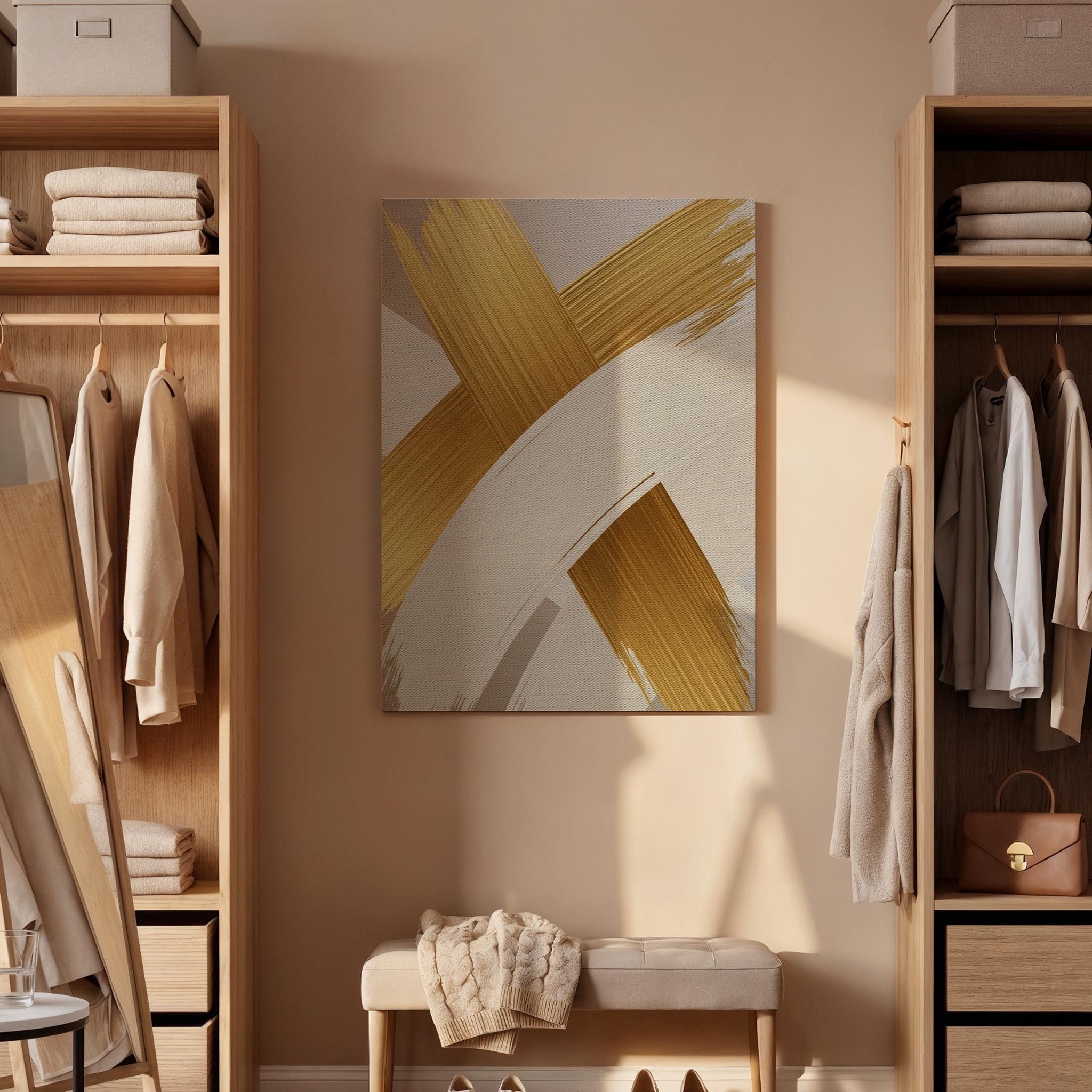 Gold Brush Canvas Art, Elegant Neutral Wall Decor, Modern Luxury Interior Style, Bedroom Wall Design, Warm Artistic Accent, Framed Canvas