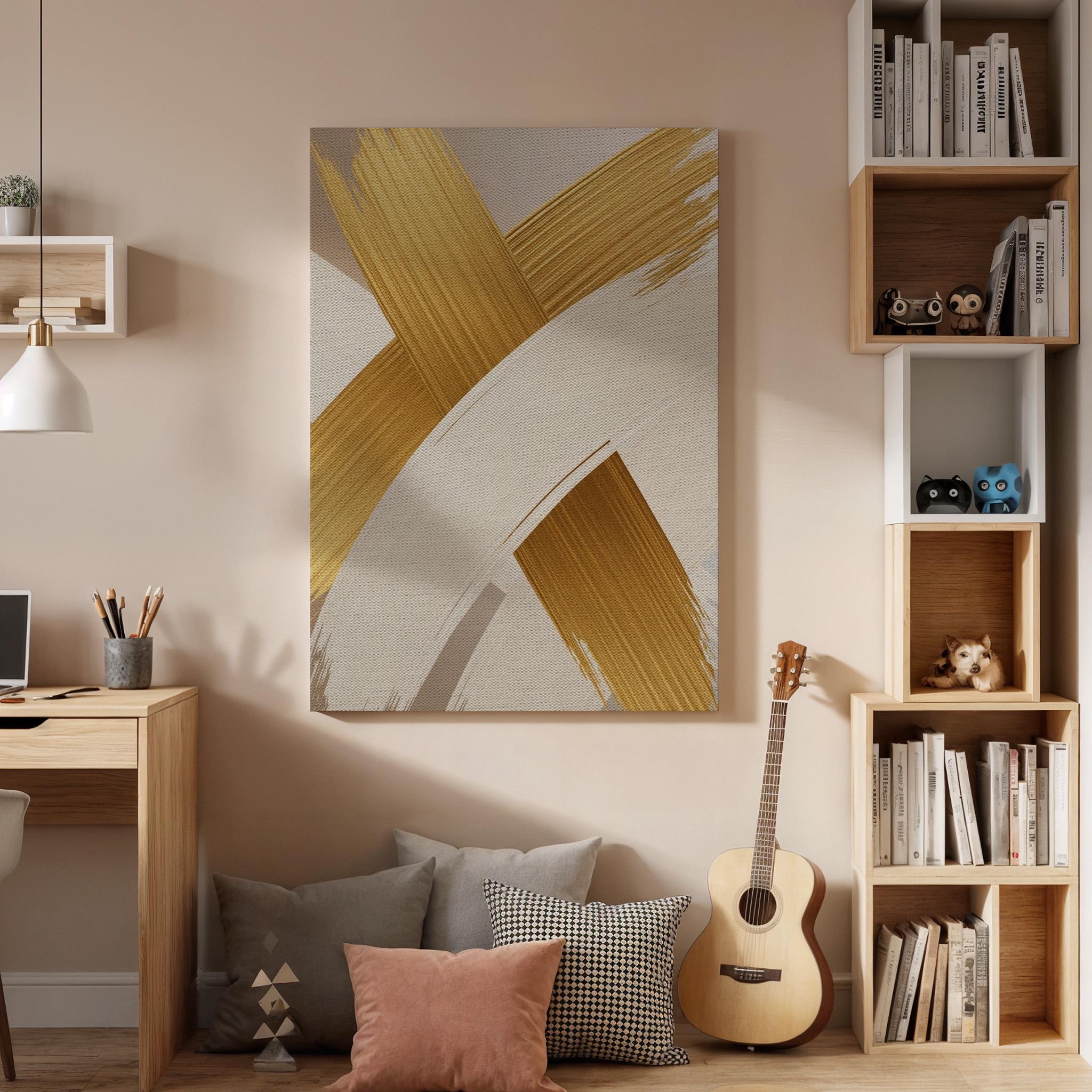 Gold Brush Canvas Art, Elegant Neutral Wall Decor, Modern Luxury Interior Style, Bedroom Wall Design, Warm Artistic Accent, Framed Canvas