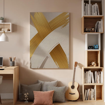 Gold Brush Canvas Art, Elegant Neutral Wall Decor, Modern Luxury Interior Style, Bedroom Wall Design, Warm Artistic Accent, Framed Canvas