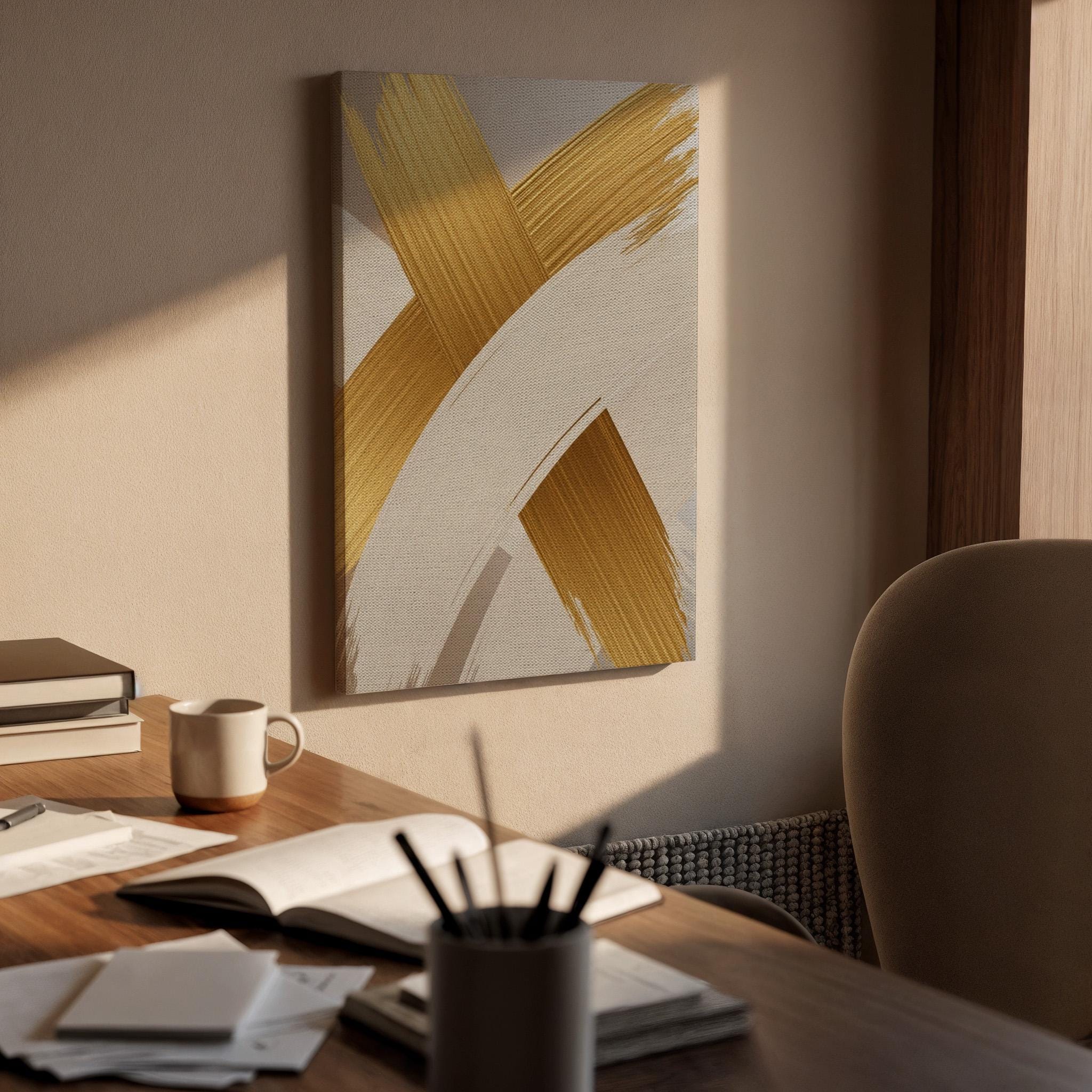 Gold Brush Canvas Art, Elegant Neutral Wall Decor, Modern Luxury Interior Style, Bedroom Wall Design, Warm Artistic Accent, Framed Canvas