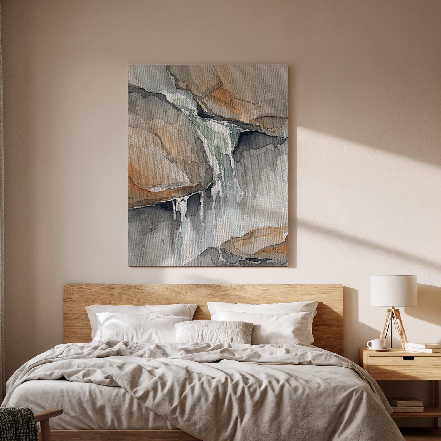 Waterfall Wall Art, Earth Tone Canvas, Framed Canvas Decor, Nature Inspired Artwork, Calm Interior Design, Canvas Wall Decor, New Home Gift