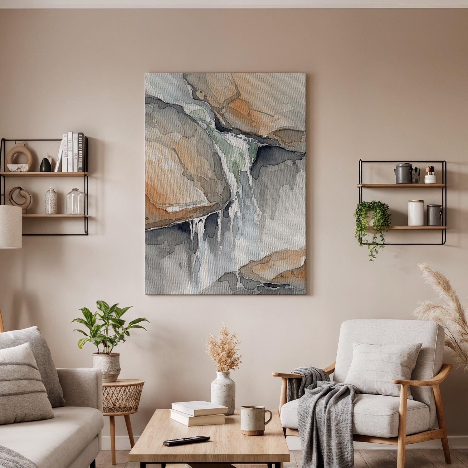 Waterfall Wall Art, Earth Tone Canvas, Framed Canvas Decor, Nature Inspired Artwork, Calm Interior Design, Canvas Wall Decor, New Home Gift