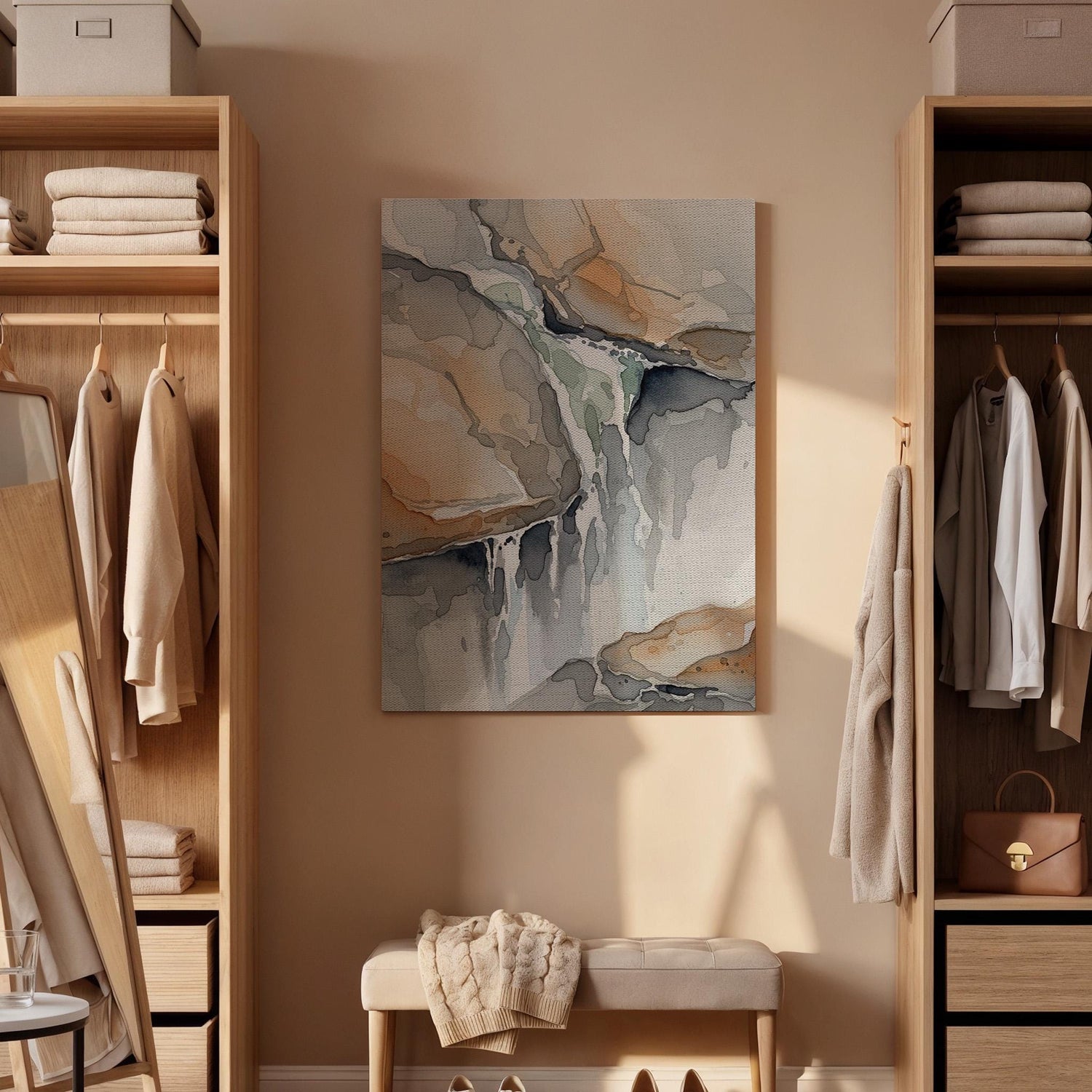 Waterfall Wall Art, Earth Tone Canvas, Framed Canvas Decor, Nature Inspired Artwork, Calm Interior Design, Canvas Wall Decor, New Home Gift