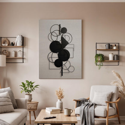 Geometric Canvas Art, Black Shape Wall Decor, Modern Minimal Design, Structured Interior Style, Contemporary Balance Look, Framed Canvas
