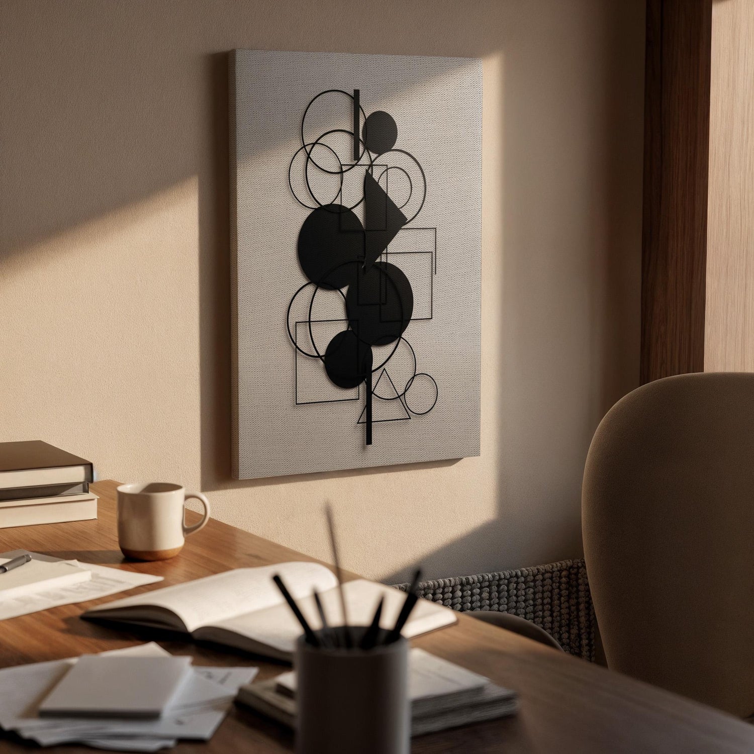 Geometric Canvas Art, Black Shape Wall Decor, Modern Minimal Design, Structured Interior Style, Contemporary Balance Look, Framed Canvas