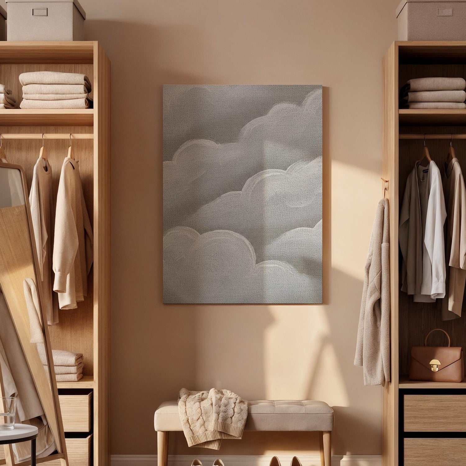 Soft Cloud Canvas Art, Gentle Gray Wall Decor, Calm Bedroom Atmosphere, Light Modern Interior Style, Serene Contemporary Look, Framed Canvas