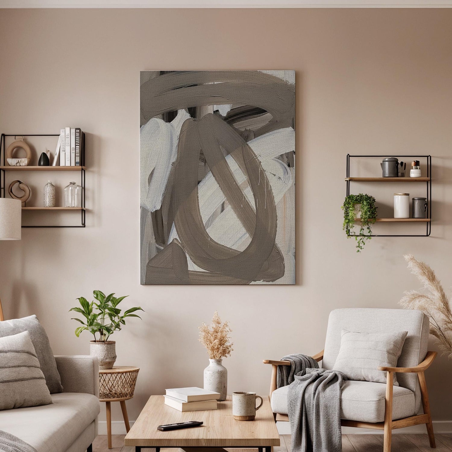 Neutral Brush Canvas Art, Earth Tone Wall Decor, Modern Textured Design, Calm Interior Styling, Soft Contemporary Mood, Large Framed Canvas