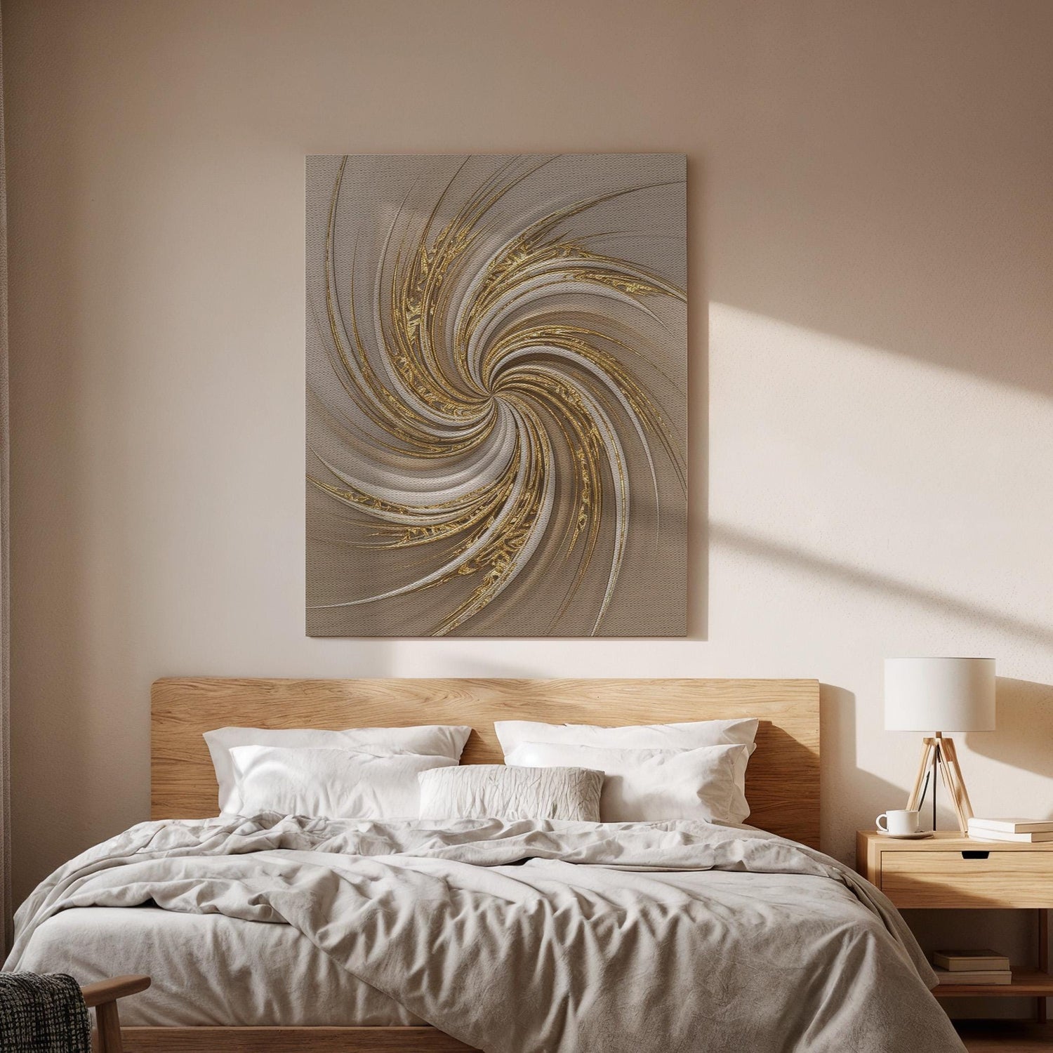 Golden Spiral Canvas Art, Elegant Swirl Wall Decor, Modern Interior Design, Soft Neutral Styling, Refined Contemporary Mood, Framed Canvas