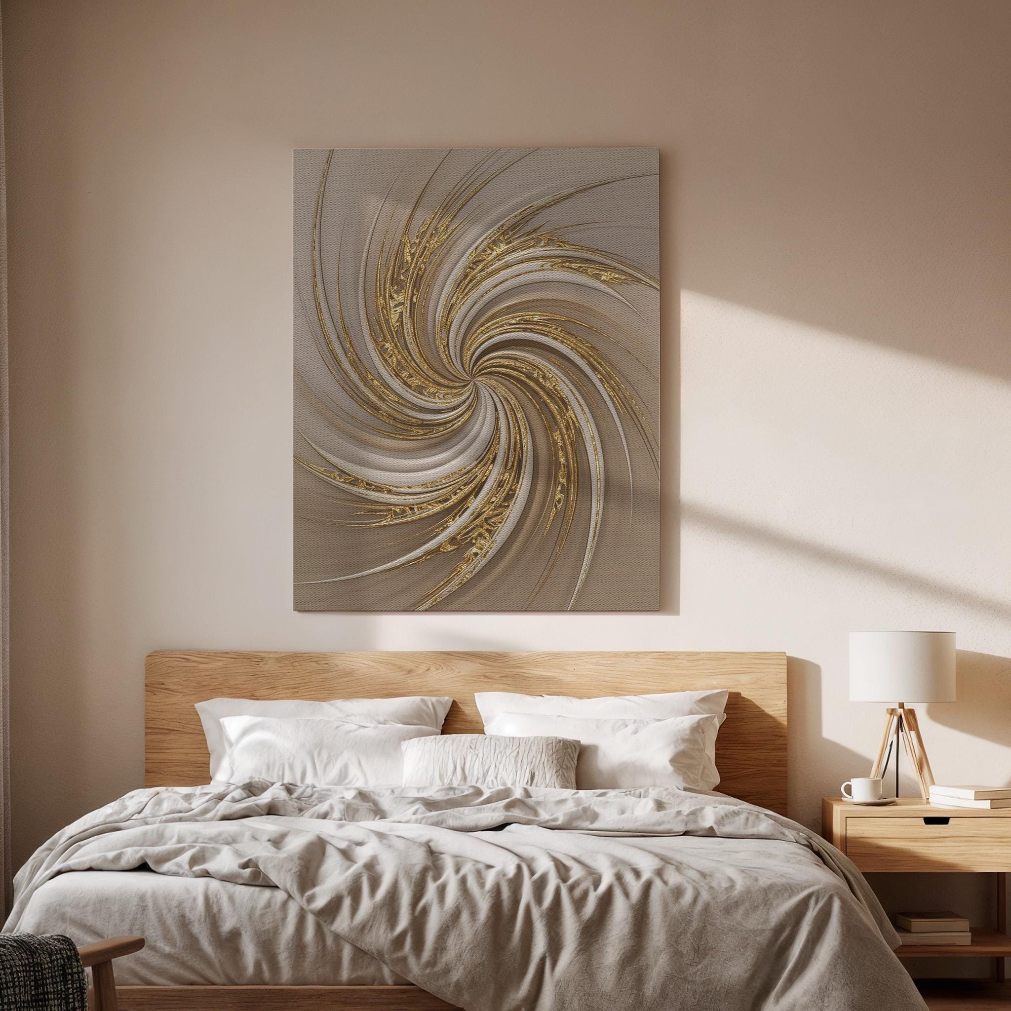 Golden Spiral Canvas Art, Elegant Swirl Wall Decor, Modern Interior Design, Soft Neutral Styling, Refined Contemporary Mood, Framed Canvas