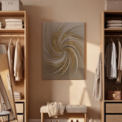 Golden Spiral Canvas Art, Elegant Swirl Wall Decor, Modern Interior Design, Soft Neutral Styling, Refined Contemporary Mood, Framed Canvas