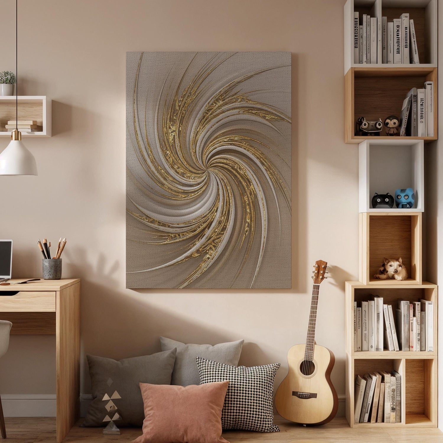 Golden Spiral Canvas Art, Elegant Swirl Wall Decor, Modern Interior Design, Soft Neutral Styling, Refined Contemporary Mood, Framed Canvas
