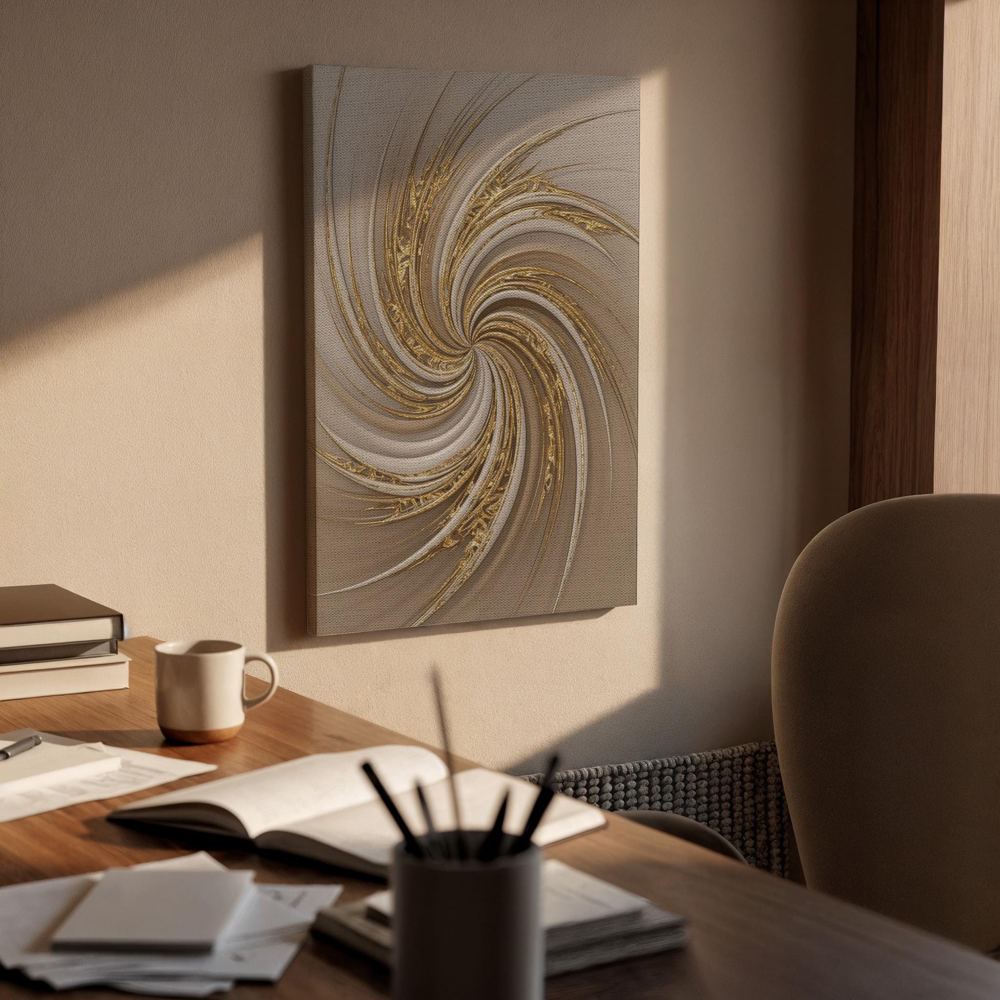 Golden Spiral Canvas Art, Elegant Swirl Wall Decor, Modern Interior Design, Soft Neutral Styling, Refined Contemporary Mood, Framed Canvas