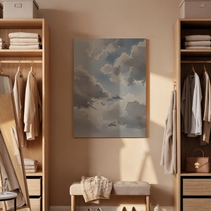 Soft Cloud Canvas Art, Calm Sky Wall Decor, Serene Modern Bedroom Style, Gentle Blue Gray Tones, Peaceful Interior Mood, Large Framed Canvas